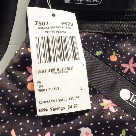 Vtg LeSportSac Black Deluxe Everyday Expandable Crossbody Purse Fruity Petals - Picture 2 of 5